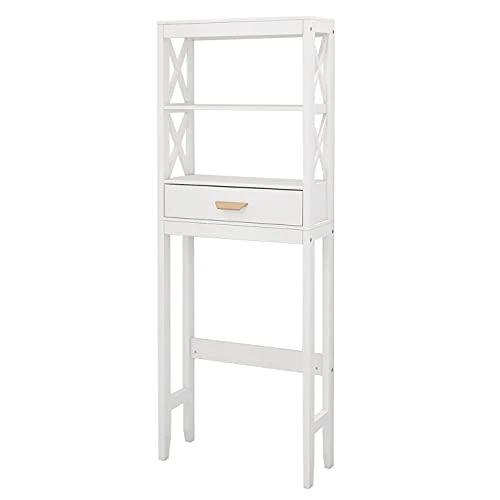 Otryad White Over-The-Toilet Storage, Wooden Above Toilet Storage Cabinet With Drawer And Open Shelves, Bathroom Cabinet Organizer Standing Rack - 23.62" L X 7.87" W X 64.76" H - Image 3