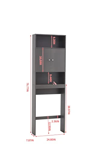 Over The Toilet Storage, 3 Tier Over Toilet Bathroom Organizer With 2 Open Shelves And 1 Cabinet, Above Toilet Storage Cabinet With 2 Doors, Bathroom Space Saver For Restroom (Gray, 24.8"x7.8"x76.8") - Image 2