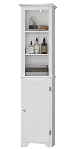 UTEX 64" Freestanding Storage Cabinet, Bathroom Tall Cabinet With Doors And Shelves, Free Standing Linen Tower, Home Storage Furniture,White