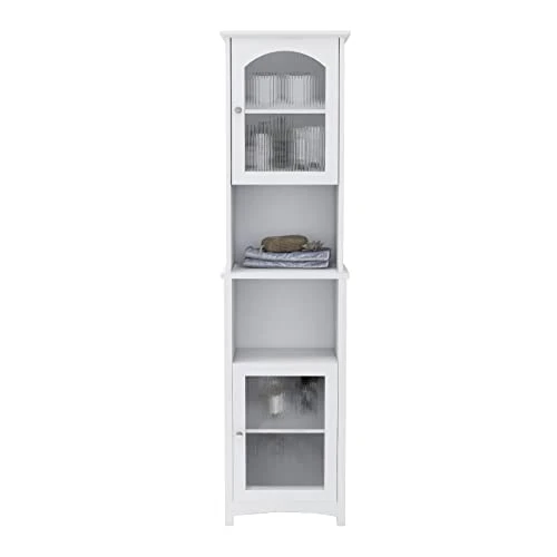 OQSC Bathroom Storage Cabinet Narrow Tall Slim Floor Cabinet With 2 Glass Door & Adjustable Shelves For Bathroom Kitchen Living Room,White - Image 2