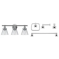 Globe Electric 51445 Parker 3-Light Chrome Vanity Light Fixture With Clear Glass Shades + 51368 Finn 4-Piece Polished Chrome Bathroom Hardware Accessory Kit With Towel Bar, Towel Ring, Robe Hook