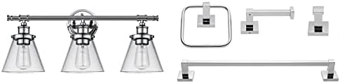 Globe Electric 51445 Parker 3-Light Chrome Vanity Light Fixture With Clear Glass Shades + 51368 Finn 4-Piece Polished Chrome Bathroom Hardware Accessory Kit With Towel Bar, Towel Ring, Robe Hook - Image 2