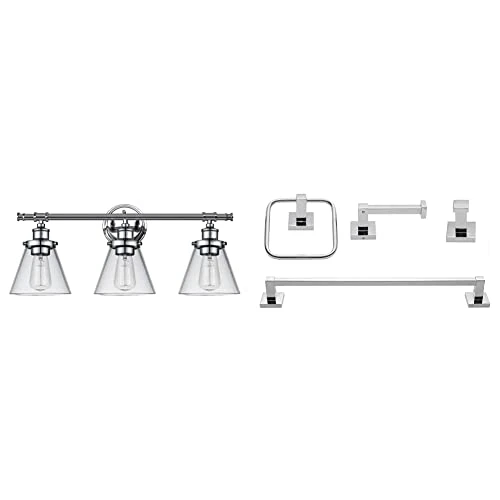 Globe Electric 51445 Parker 3-Light Chrome Vanity Light Fixture With Clear Glass Shades + 51368 Finn 4-Piece Polished Chrome Bathroom Hardware Accessory Kit With Towel Bar, Towel Ring, Robe Hook