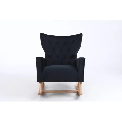 BOMENG Mid Century Modern Velvet Upholstered Rocking Chair Padded Seat Glider Rocker With High Backrest,Upholstered Rocking Chair For Living Room Bedroom,Lounge,Black