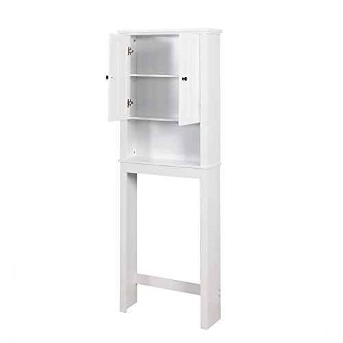 Dithoko Over The Toilet Storage Organizer, Double-Door Bathroom Storage Cabinet, Bathroom Space Saver Shelves, Over The Toilet Cabinet With Open Storage Shelf, White