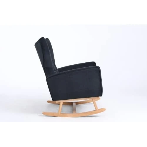 BOMENG Mid Century Modern Velvet Upholstered Rocking Chair Padded Seat Glider Rocker With High Backrest,Upholstered Rocking Chair For Living Room Bedroom,Lounge,Black - Image 3