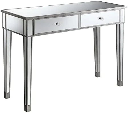 Convenience Concepts Gold Coast Mirrored Desk, Silver/Mirror & Concepts Gold Coast Mirrored End Table With Drawer, Silver/Mirror - Image 11