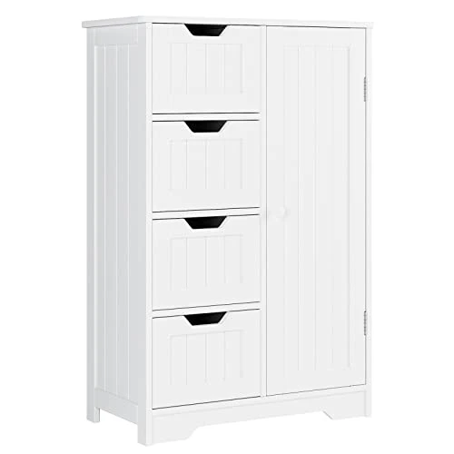 FOTOSOK Bathroom Floor Cabinet, Freestanding Storage Cabinet With 4 Drawers & 1 Cupboard, Adjustable Shelf For Bathroom Entryway Living Room, White