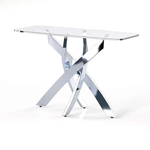 Unknown Modern Chrome Metal X-Cross Sofa Table Clear Silver Contemporary Transitional Rectangle Glass Finish Includes Hardware - Image 3