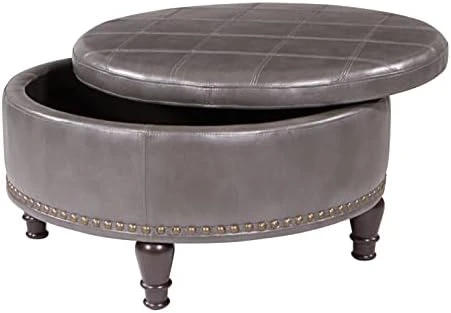 OSP Home Furnishings Augusta Round Storage Ottoman With Decorative Nailheads And Flip Over Lid With Serving Tray Surface, Espresso Faux Leather - Image 9