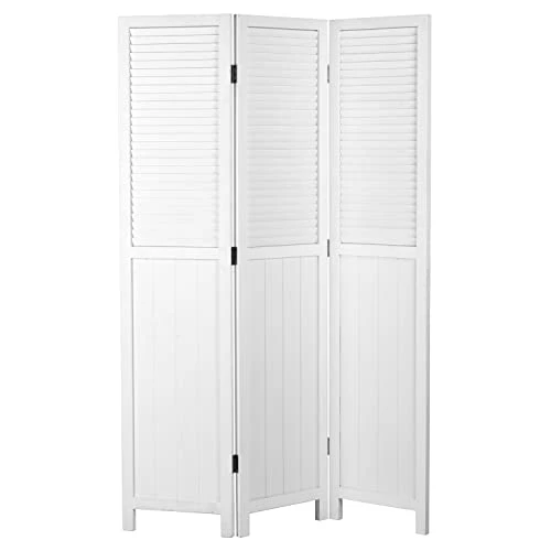 MyGift 3-Panel Vintage White Louvered Wood Folding Room Divider