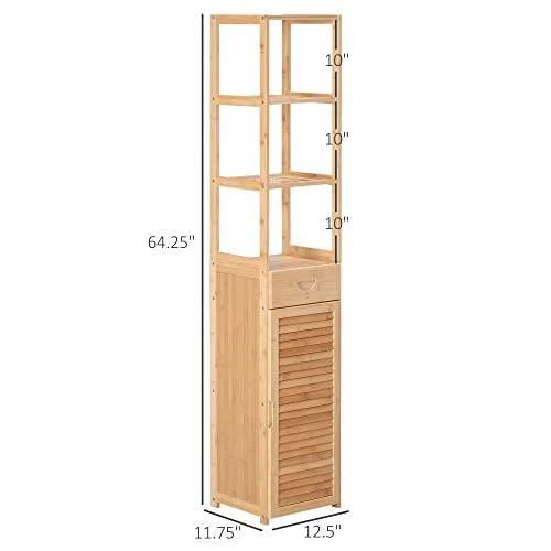 Kleankin Tall Bathroom Cabinet With Drawer And Slatted Shelves, Tall Slim Bamboo Linen Tower Freestanding Linen Towel With Louvered Door, Natural - Image 3
