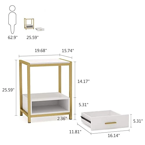 Tribesigns 25 Inch Tall Gold Nightstands With Drawers And Storage Shelf, Modern Bedside Table End Table Side Table For Bedroom, Living Room (1 Pc, Gold And White) - Image 3