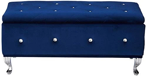Kings Brand Furniture Blue Velvet Tufted Design Upholstered Storage Bench Ottoman - Image 2