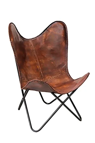 Classy Handmade Dark Brown Leather Butterfly Chair Living Room- Side Hand Stich Leather Chair-Handmade With Powder Coated Folding Black Iron Frame (Cover With Folding Frame)