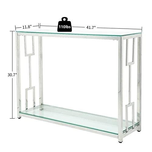 Sofa Table, Glass Console Table With 2-Tier Storage Shelves, Modern End And Narrow Entryway Table For Living Room, Hallway, And Bedroom, Stainless Steel Frame With Geometry Shape - Image 2