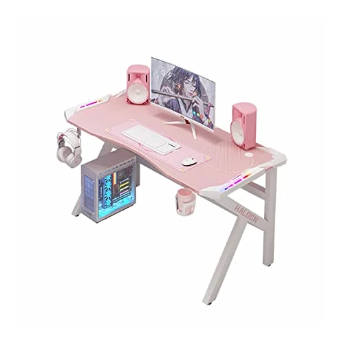 Haoo E-sports Game Table, Girl Pink Home Ergonomic Modern Minimalist Style Notebook Computer Study Table, Home Table, Large Monitor Stand Table (Pink K Leg With RGB Light,60 * 80)