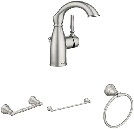 Moen 84144SRN Sarona One Handle Single Hole Rustic Farmhouse Bathroom Sink Faucet With Optional Deckplate, Spot Resist Brushed Nickel + Toilet Paper Holder + 24-inch Single Towel Bar + Hand Towel Ring - Image 5
