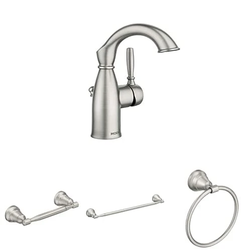 Moen 84144SRN Sarona One Handle Single Hole Rustic Farmhouse Bathroom Sink Faucet With Optional Deckplate, Spot Resist Brushed Nickel + Toilet Paper Holder + 24-inch Single Towel Bar + Hand Towel Ring