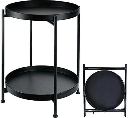 Tray Metal End Table Side Table Round Tray Removable Tray Outdoor & Indoor Drink Snack Coffee Table Telephone Table (Black(2 Plates)) - Image 8