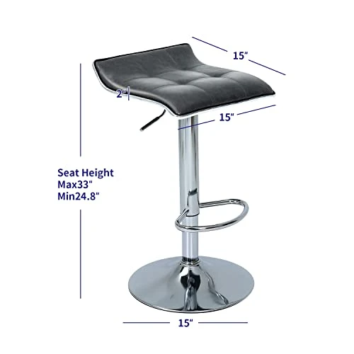 Puluomis Set Of 2 Barstool, Adjustable Swivel Gas Lift Bar Stools, PU Leather With Chrome Base, Grey