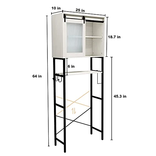 AZODY Over The Toilet Storage Cabinet With Sliding Door And Adjustable Shelves, Over Toilet Bathroom Organizer With Toilet Paper Holder And 3 Hanging Hooks, 64 Inches Height