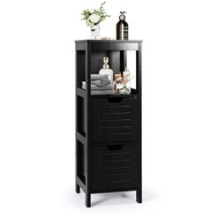 COSTWAY Bathroom Storage Cabinet, Freestanding Wooden Side Storage Cabinet With 2 Adjustable Drawers, Space-Saving Floor Cabinet For Living Room Bathroom Bedroom Entryway (Black)