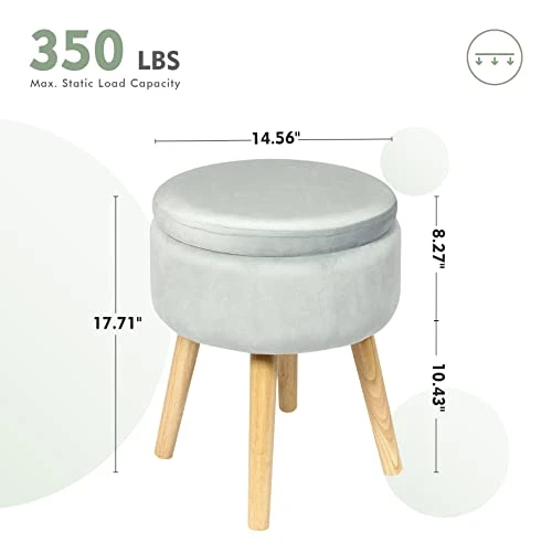 B FSOBEIIALEO Round Storage Ottoman, Soft Padded Velvet Footstool Vanity Makeup Chair, With Wooden Legs & Tray Top 14.17" (Blue) - Image 3