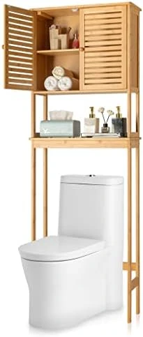 HOYOC 3-Tier Bamboo Over The Toilet Storage, Tall Bathroom Cabinet Organizer With Cupboard And Adjustable Shelves Freestanding Toilet Shelf Space Saver Rack Stand - Image 6