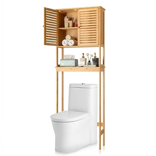 HOYOC 3-Tier Bamboo Over The Toilet Storage, Tall Bathroom Cabinet Organizer With Cupboard And Adjustable Shelves Freestanding Toilet Shelf Space Saver Rack Stand