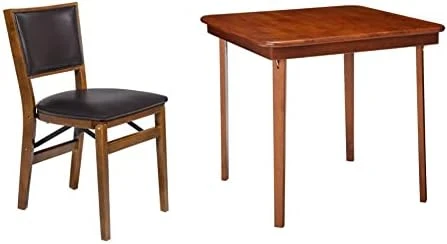 MECO STAKMORE Retro Upholstered Back Folding Chair Fruitwood Finish, Set Of 2 & STAKMORE Straight Edge 32" Square Folding Card Table, Cherry Finish - Image 8