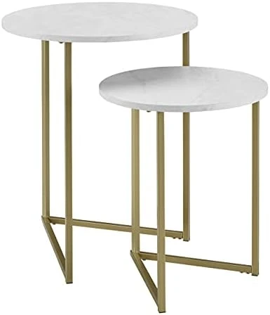 Walker Edison Modern Round Metal Base Nesting Set Side Accent Table Living Room Storage Small End Table, Set Of 2, Dark Walnut - Image 4