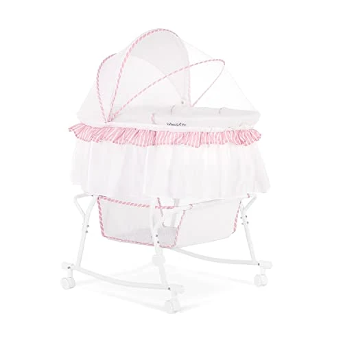 Dream On Me Lacy Portable 2-in-1 Bassinet & Cradle In Pink And White, Lightweight Baby Bassinet With Storage Basket, Adjustable And Removable Canopy