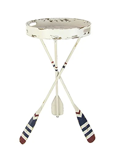 Deco 79 Metal Round Accent Table With Oar Shaped Legs, 16" X 16" X 28", White