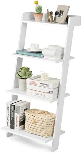 Tangkula 4 Tier Ladder Shelf, Leaning Bookshelf With Solid Wooden Frame, Anti-toppling Device, Anti-falling Baffle, Organizer Shelf, Open Shelving Unit For Home Office, 19.5 X 17.5 X 43 Inches (White) - Image 9