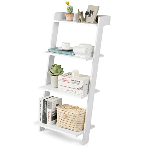 Tangkula 4 Tier Ladder Shelf, Leaning Bookshelf With Solid Wooden Frame, Anti-toppling Device, Anti-falling Baffle, Organizer Shelf, Open Shelving Unit For Home Office, 19.5 X 17.5 X 43 Inches (White)