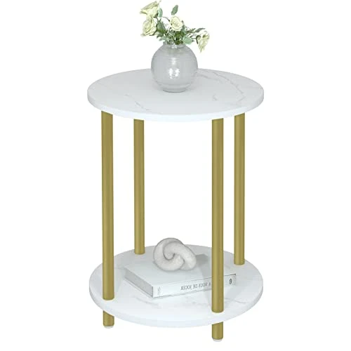 Lazyvan Gold Round Side Table, 2 Tier Small Round Coffee End Table/Nightstand For Living Room/Bedroom/Small Space,15.6"(D)*19.72"(H),Gold Metal Legs And White Faux Marble Table Top