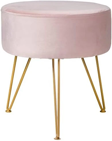 IBUYKE Velvet Round Footrest Stool Ottoman, Makeup Vanity Stool Side Table, Velvet Dressing Table Seat Pouf Couch Stool Golden Steel Legs Removable Cover, Pink RF-002 - Image 5