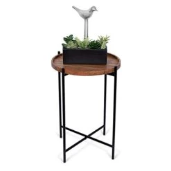 BIRDROCK HOME Folding Side Table With Removable Wood Tray - Black Metal Foldable Nightstand - Indoor Use Only - Bar Coffee Drinks Food Serving Tray - Decorative Modern End Accent - Natural Acacia