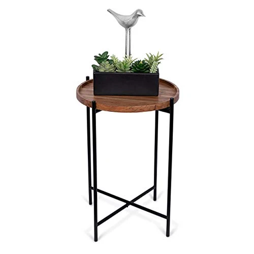 BIRDROCK HOME Folding Side Table With Removable Wood Tray - Black Metal Foldable Nightstand - Indoor Use Only - Bar Coffee Drinks Food Serving Tray - Decorative Modern End Accent - Natural Acacia