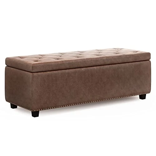 SIMPLIHOME Hamilton 48 Inch Wide Rectangle Lift Top Storage Ottoman In Distressed Umber Brown Tufted Faux Leather With Large Storage Space For The Living Room, Entryway, Bedroom, Transitional