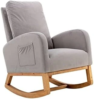 Nursery Rocking Chair,Upholstered Fabric Accent Armchair,Wooden Padded Seat With 2-Side Pocket,Nursing Chair With Rubber Wood Legs,Glider Chair For Nursery,Living Room,Home Office (White Line) - Image 15