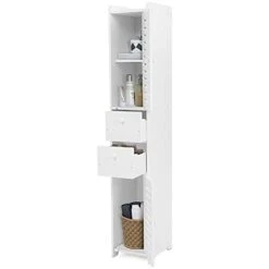 GOTOTOP Bathroom Storage Corner Floor Cabinet Wood Corner Cabinet Bathroom Fashionable Storage Shelf Rack Room Organizer With 3 Compartment Storage Units And 2 Drawers,White