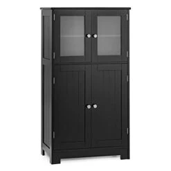 Giantex Storage Cabinet With Doors - Bathroom Floor Cabinet, Freestanding Tall Cabinet W/ 2 Tempered Glass Doors, Adjustable Shelf, Kitchen Cupboard Storage Organizer For Hallway Living Room (Black)