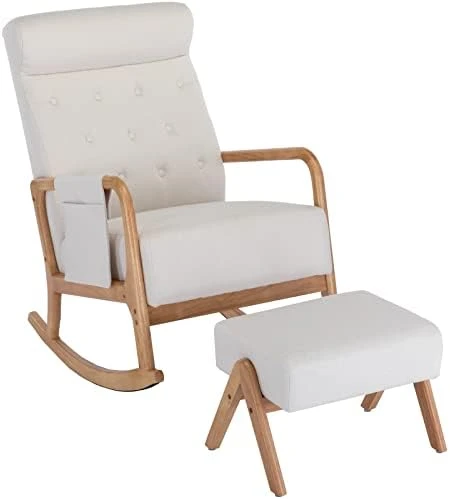 UPYOOE Nursery Rocking Chair Mid-Century Modern Chair With Ottoman Leather Arm Chair High Back with Side Pocket Comfy Glider Rocker Chair For Living Room Baby Room Bedroom (Brown PU Leather) - Image 4