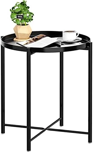 JANE EYRE Tray End Table - Small Round Side Table, Accent Coffee Table, Anti-Rust And Waterproof Outdoor & Indoor Metal Snack Table With Removable Tray, Sofa Table, (H) 20.6" X (D) 17.5" - Black - Image 5
