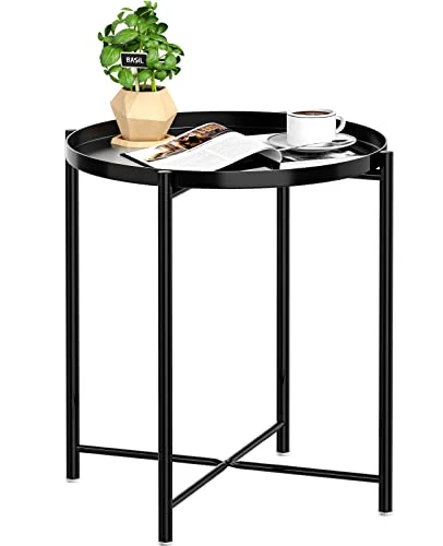 JANE EYRE Tray End Table - Small Round Side Table, Accent Coffee Table, Anti-Rust And Waterproof Outdoor & Indoor Metal Snack Table With Removable Tray, Sofa Table, (H) 20.6" X (D) 17.5" - Black