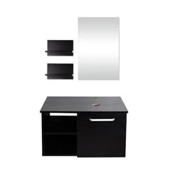 Puluomis Wall Mounted Bathroom Vanity, Double Wood Side Shelves With Mirror, 1-Door And 2-Shelves, Black Finish, 28-Inch