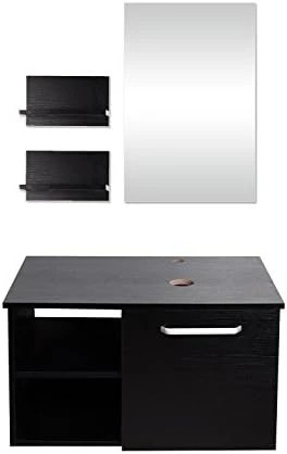 Puluomis Wall Mounted Bathroom Vanity, Double Wood Side Shelves With Mirror, 1-Door And 2-Shelves, Black Finish, 28-Inch - Image 8