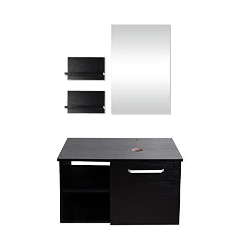 Puluomis Wall Mounted Bathroom Vanity, Double Wood Side Shelves With Mirror, 1-Door And 2-Shelves, Black Finish, 28-Inch
